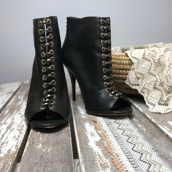 L.A.M.B. Olive Green Peep Toe Booties 9 - Picture 1 of 8